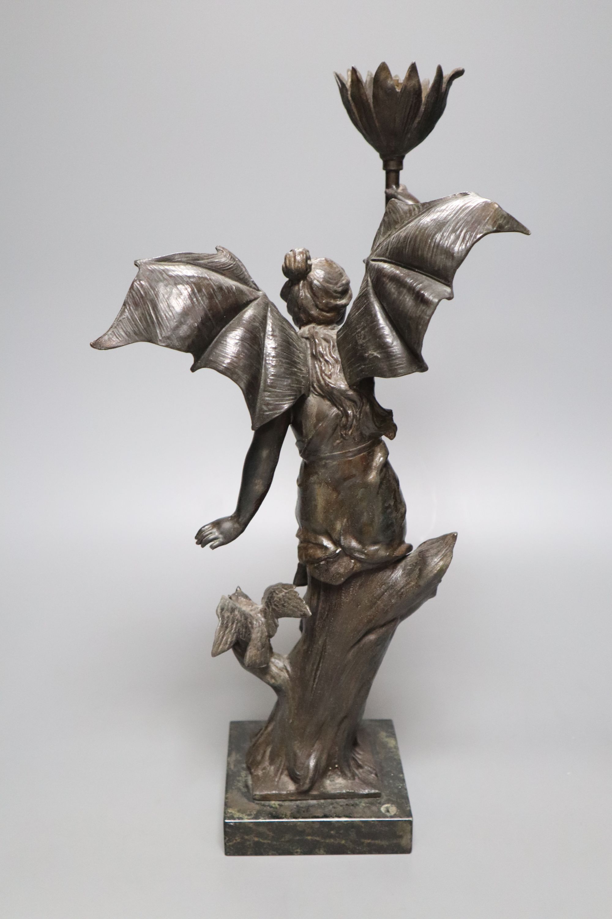 A 20th century spelter figural lamp of Night, height 43cm